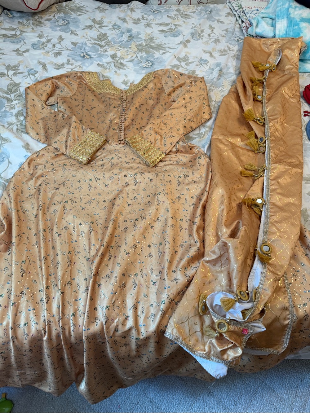 Embroidered Golden Peach Anarkali Dress with Tassel dupatta